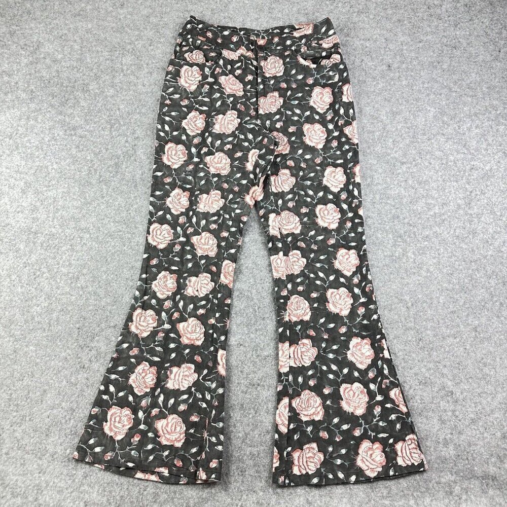 Batsheva Pants Womens 0 Gray Floral Flare Chinos Pockets City Boho Semi Sheer*